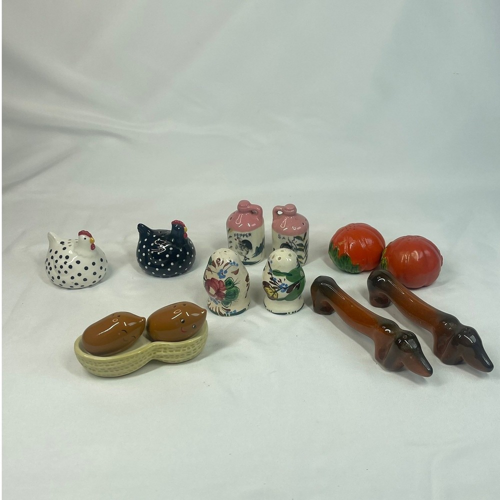 Vintage Novelty Salt Pepper Shakers Lot Italy Hen Peanuts Dachshund Tomato 12pc